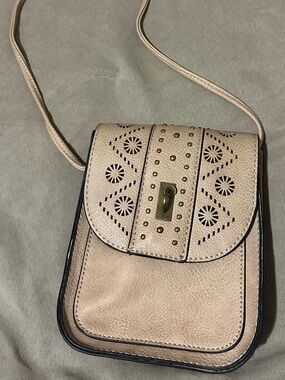 Beige Laser-Cut Crossbody Bag with Stud Detail